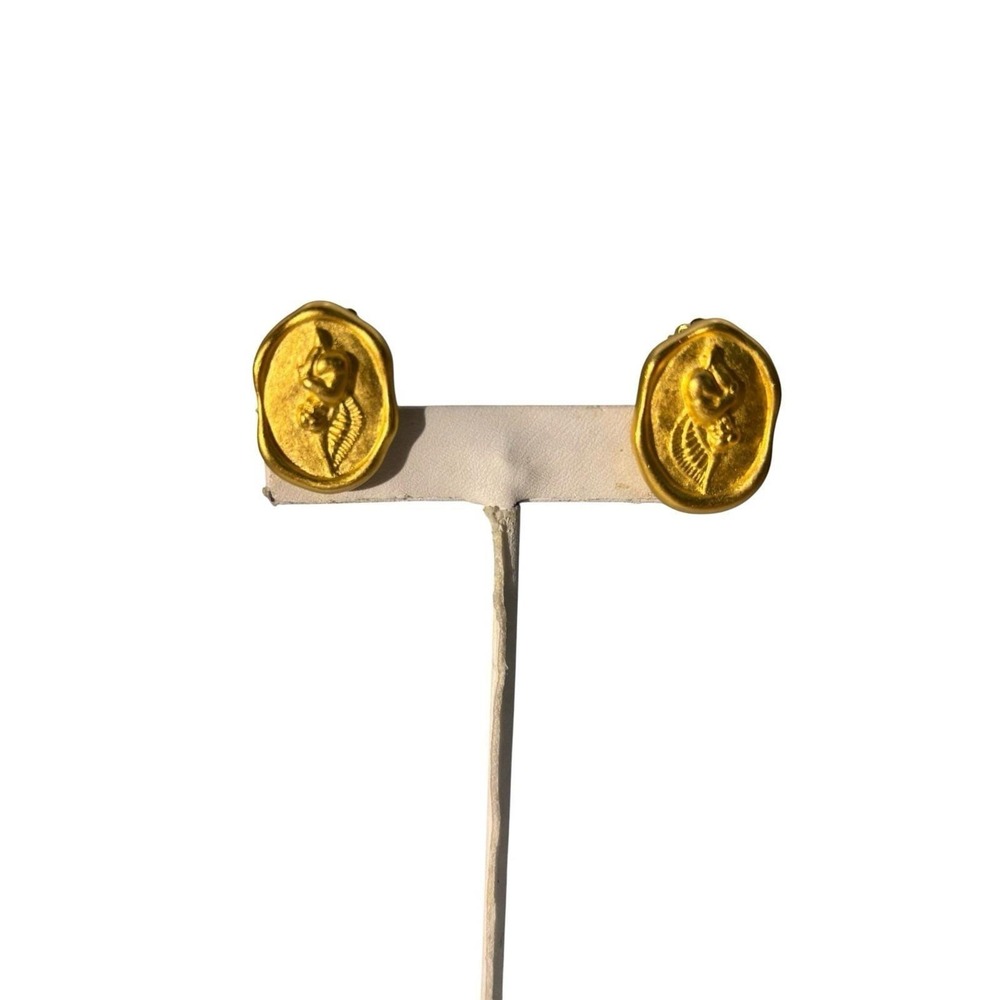 Vintage Signed Givenchy Matte‎ Gold Tone Pressed Angel Cherub Clip On Earrings